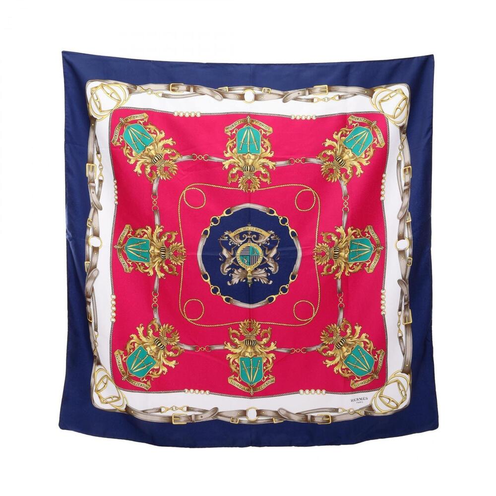 Hermes Carre 90 Numquam Concedendum Scarf/Muffler, Silk, Women's, Navy/Multic...